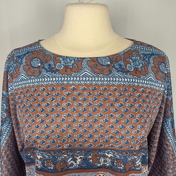 Vintage 70s Top Womens Size Small Blue Floral Boho Peasant Retro Casual Poly Vtg - Picture 2 of 15